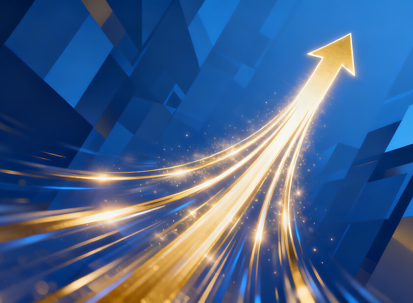 Dynamic blue background with glowing golden arrow ascending, representing success and progress.