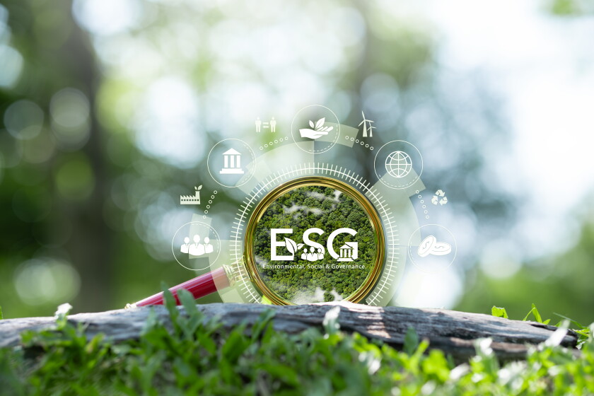 ESG, Environment, Society and Governance environmental concept social connections related icons Set of environmentally friendly icons around a magnifying glass, green background.
