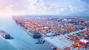 Container ship leaving the port