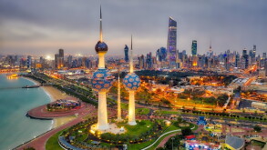 Kuwait Tower City Skyline glowing at night, taken in Kuwait in December 2018 taken in hdr