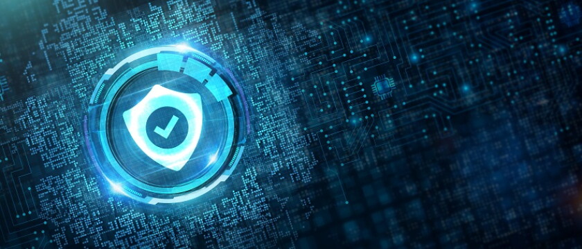 Cyber security data protection business technology privacy concept. Young businessman  select the icon security on the virtual display.