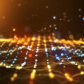 Glow golden digital landscape with cube particle. Crypto currenc