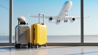 Suitcases in airport. Travel concept. 3d rendering