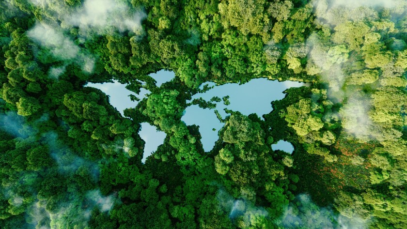 A lake in the shape of the world's continents in the middle of u