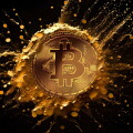Gold bitcoin symbol on black background. Bitcoin coins splashing