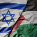 big waving realistic national colorful flag of israel and national flag of palestine .