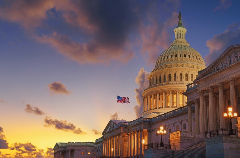  US Capitol building at sunset, Washington DC, USA. 