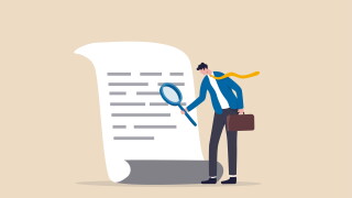Document checking, agreement or contract validation, financial or budget analysis, search for document files concept, businessman manager holding big magnifying glass checking document paper.