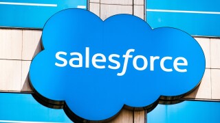 August 21, 2019 San Francisco / CA / USA - Close up of Salesforce logo displayed on one of their towers in downtown San Francisco