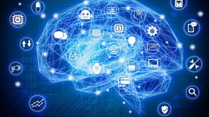 Machine learning , artificial intelligence , ai , deep learning and future concept. Wireframe Brain connect with circuit electronic graphic , binary code and technology icons background.Blue tone