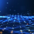 Glow blue digital landscape with cube particle. Crypto currency,