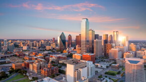 Dallas, Texas cityscape with blue sky at sunset