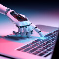 Robotic hand pressing a keyboard on a laptop 3D rendering