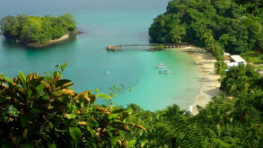 A view from elevatep point over beach in Parque Nacional de Isla Coiba, Panama