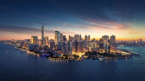 New York City panorama skyline at sunrise. Manhattan office buil