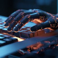 Robot hand typing on the computer. The concept of artificial intelligence replacing a human in dealing with another human. Ai generative.