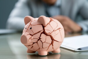Cracked piggy bank on desk with blurred person and documents, symbolizing financial distress and need for bankruptcy lawyer assistance.