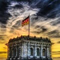 German building with dramatic skyline