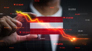 Graph Falling Down in Front Of Austria Flag. Crisis Concept 