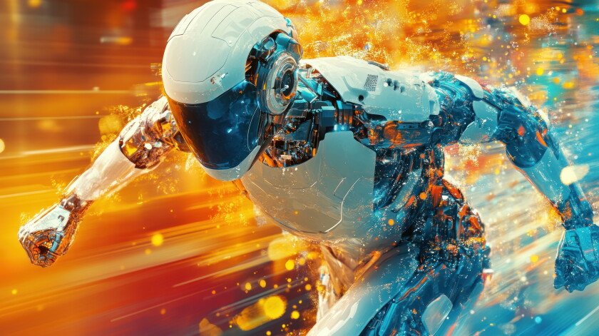 A futuristic robot runs forward with glowing streaks behind it.