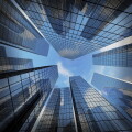 Panoramic and perspective wide angle view to steel light blue