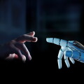 White cyborg finger about to touch human finger 3D rendering