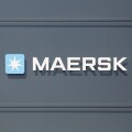 Tilst, Denmark - April 18, 2021: Maersk logo on a building. Maersk company based in Copenhagen, Denmark, is the largest container ship operator in the world