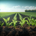 Springtime corn field with fresh, green sprouts in soft focus. I