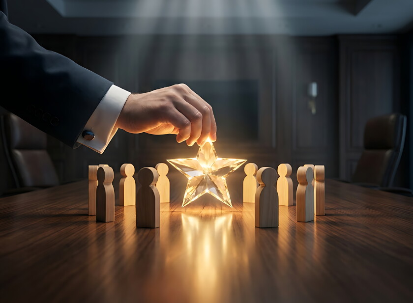 Businessman places glowing star above wooden figures in boardroom