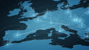 Europe blue map big data visualization. Futuristic map infographic. Information aesthetics. Visual data complexity. Complex europe data graphic visualization. Abstract data on map graph.
